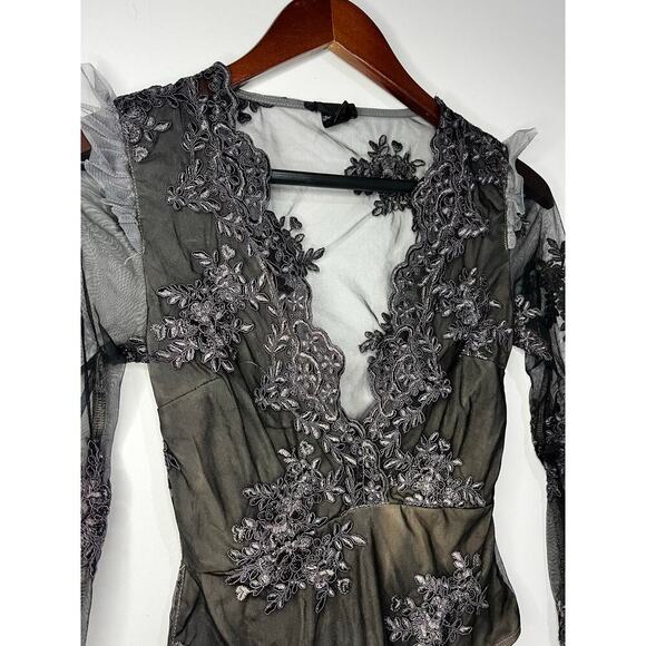 For Love & Lemons Amber Scallop Edge Bodysuit Flesh Black Floral Appliqué Sz. S - Picture 4 of 9